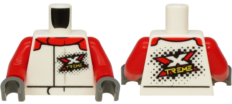 Torso Racing Suit with Red Collar and Stylized 'XTREME' Logo Pattern / Red Arms / Dark Bluish Gray Hands