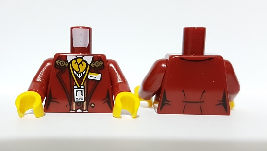 Torso Female Jacket with Bright Light Orange Neck Scarf, Train Logo, Name Tag and ID Badge Pattern / Dark Red Arms / Yellow Hands