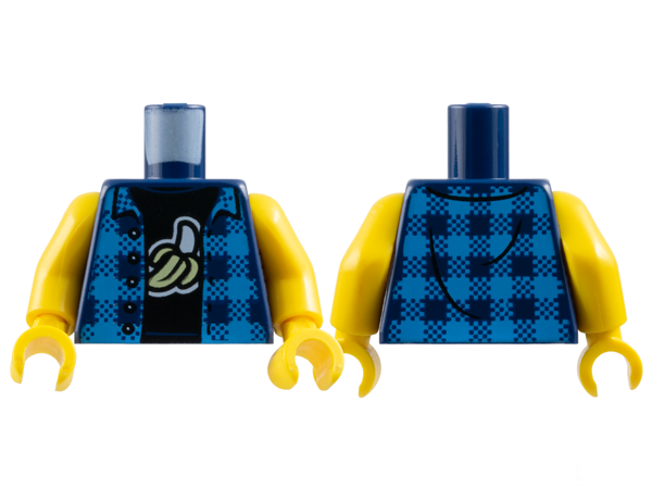Torso Dark Azure Flannel Shirt Open over Black T-Shirt with White and Bright Light Yellow Peeled Banana Pattern / Yellow Arms / Yellow Hands