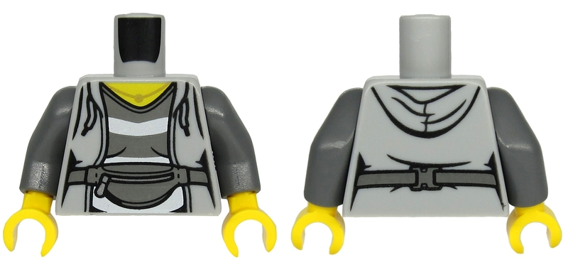 Torso Female Hoodie with Laces over Dark Bluish Gray and White Striped Shirt, Belt with Bag Pattern / Dark Bluish Gray Arms / Yellow Hands