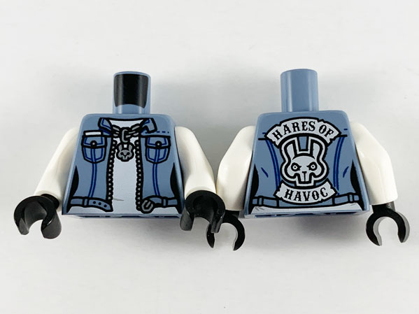 Torso Female Denim Jacket and Silver Zipper and Chain with Rabbit Pendant, 'HARES OF HAVOC' on Back Pattern / White Arms / Black Hands