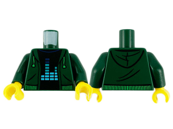 Torso Hoodie with Bright Green Drawstrings and Waistband over Black Shirt with Equalizer Bars Pattern / Dark Green Arms / Yellow Hands