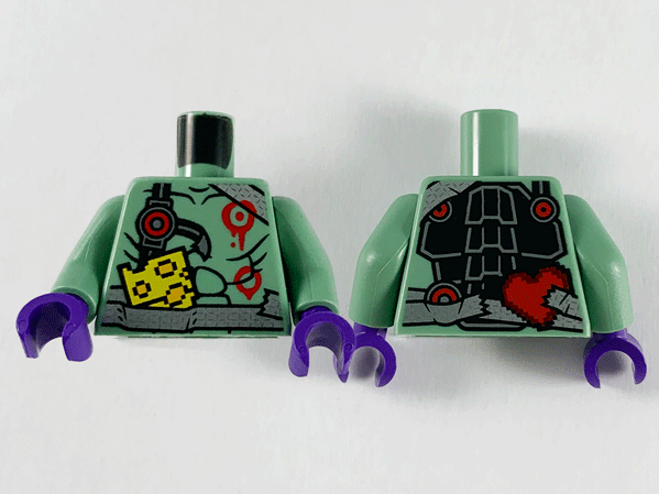 Torso Silver Duct Tape Belt and Shoulder Strap, Black Muscle Lines, Red Circles Pattern / Sand Green Arms / Dark Purple Hands