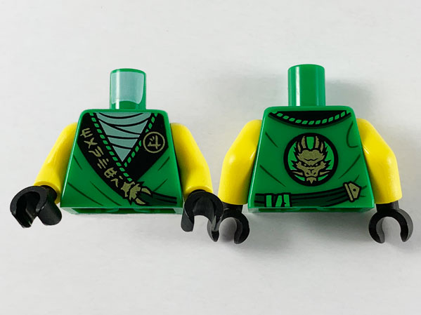 Torso Tunic, Sand Green Shirt, Wide Black Hems with Gold Ninjago Logogram 'MANTER' and Dragon Pattern / Yellow Arms / Black Hands