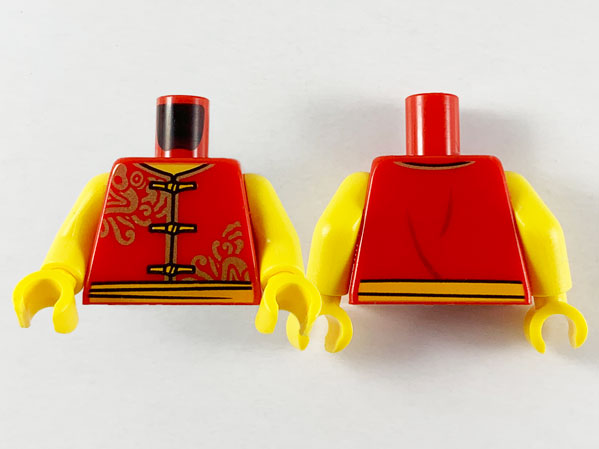 Torso Vest with Gold Dragons, Edging, and Frog Clasps, Bright Light Orange Sash, Dark Red Wrinkles on Back Pattern / Yellow Arms / Yellow Hands