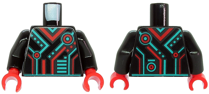 Torso Dark Turquoise and Red Stripes, Rectangles and Circles Pattern / Black Arms / Red Hands