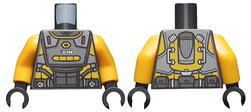 Torso Armor, Silver and Bright Light Orange Highlights and Silver 'AIM' Pattern / Bright Light Orange Arms / Black Hands