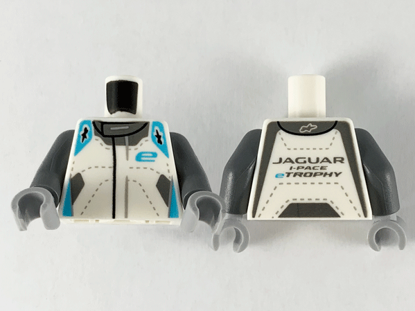 Torso Speed Champions Jumpsuit, Medium Azure Shoulders, 'e' and Dark Bluish Gray Collar Pattern / Dark Bluish Gray Arms / Light Bluish Gray Hands