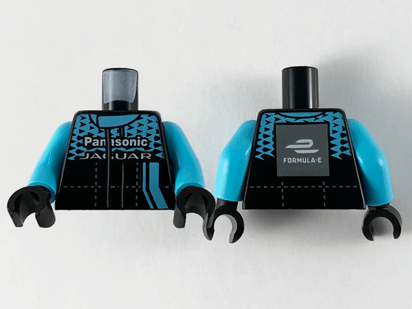 Torso Speed Champions Jumpsuit, Medium Azure Top Panel and Stripe, Black Triangles and White 'Panasonic JAGUAR' Pattern / Medium Azure Arms / Black Hands