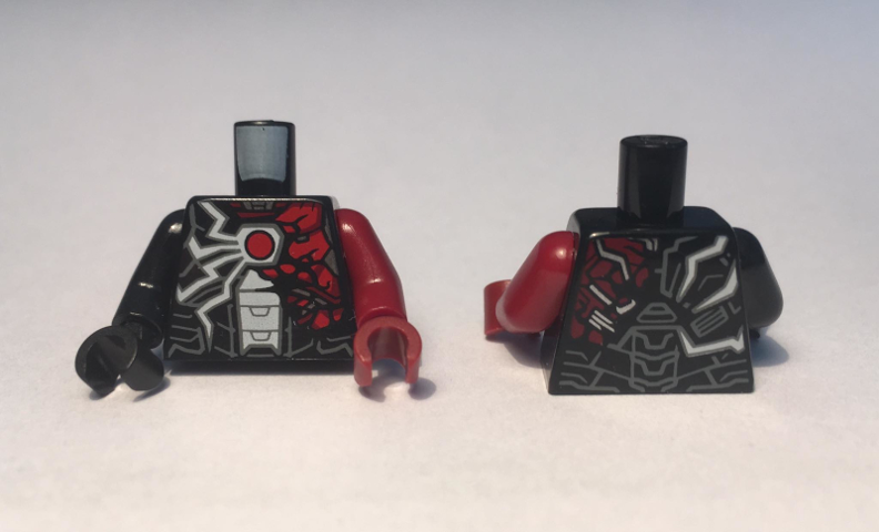 Torso Armor, Red Arc Reactor, White and Red Jagged Lines Pattern / Dark Red Arm and Hand Left / Black Arm and Hand Right