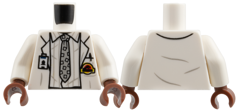 Torso Lab Coat with Striped Shirt, Tie, ID Badge, and Jurassic Park Logo Pattern / White Arms / Reddish Brown Hands