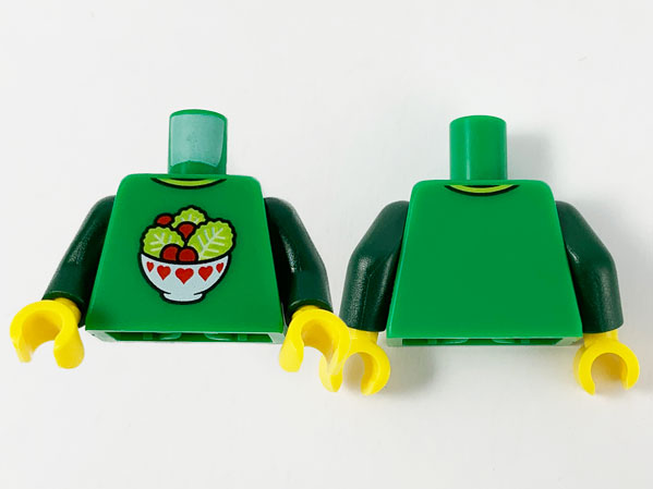 Torso Lettuce and Tomatoes Salad in White Bowl with Red Hearts Pattern / Dark Green Arms / Yellow Hands