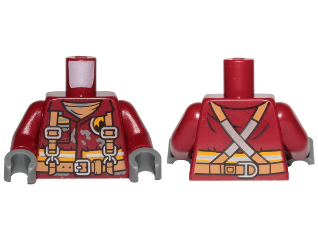 Torso Fire Uniform with Stripes and Harness Pattern / Dark Red Arms / Dark Bluish Gray Hands