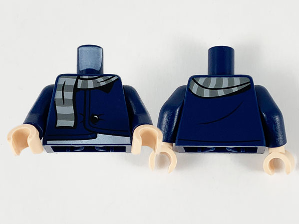 Torso Jacket with Black Button, Light Bluish Gray and Dark Bluish Gray Striped Scarf Pattern / Dark Blue Arms / Light Nougat Hands