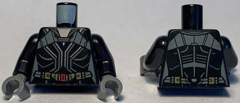 Torso Female Outline, Black Suit with Gray and Silver Lines, Gold Belt with Red Buckle Pattern / Black Arms / Dark Bluish Gray Hands