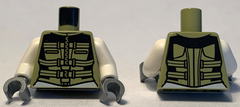 Torso Female Outline, Black Suit with Olive Green Belts and Gold Zipper Pattern / White Arms / Dark Bluish Gray Hands