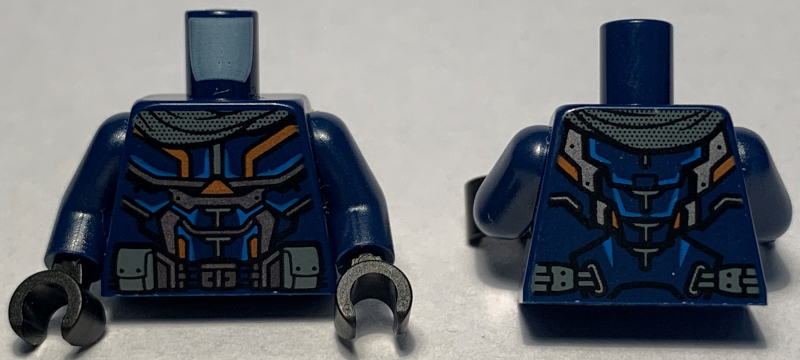 Torso Armor, Silver, Orange and Blue Highlights and Dark Bluish Gray Pockets Pattern / Dark Blue Arms / Black Hands