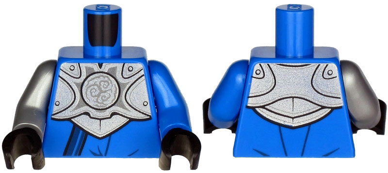 Torso Armor, Silver Plate with Curly Lines over Robe and Dark Blue Strap Pattern / Blue Arm Left / Flat Silver Arm Right / Black Hands