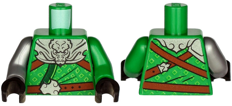 Torso Armor, Silver Plate with Dragon Head over Robe and Reddish Brown Straps Pattern / Green Arm Left / Flat Silver Arm Right / Black Hands