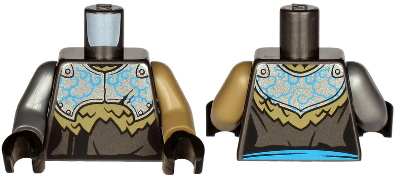 Torso Armor, Silver Plate with Dark Azure Curly Lines over Robe and Dark Tan Fur Pattern / Dark Tan Arm Left / Flat Silver Arm Right / Black Hands