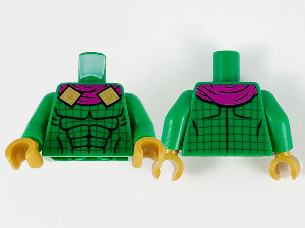 Torso Magenta Scarf with Gold Clasps, Black Muscle Contours, and Dark Green Grid Lines Pattern / Green Arms / Pearl Gold Hands