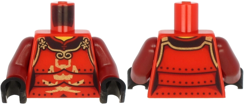 Torso Samurai Armor in 3 Sections, Gold Clasps and Trim and Horns, Visor and Crossed Swords Pattern / Dark Red Arms / Black Hands