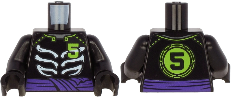 Torso Ninjago Skeleton Ribs White, Purple Waist Sash and Lime Number 5 on Front and Back Pattern / Black Arms / Black Hands
