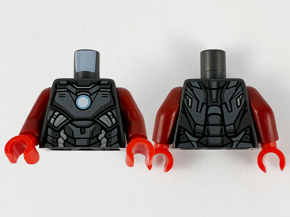 Torso Armor, Dark Silver Plates, Silver Trim and Metallic Light Blue Circle Arc Reactor Pattern / Dark Red Arms / Red Hands