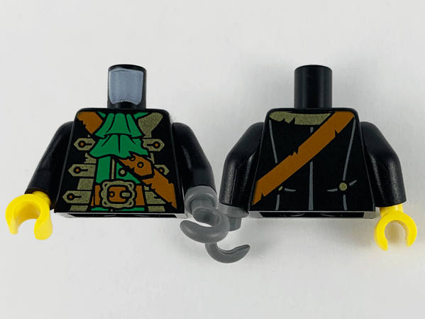 Torso Pirate Captain Jacket Open with Gold Trim over Green Shirt with Wide Neck Ruffle, Dark Orange Strap, Belt with Buckle Pattern / Black Arms / Dark Bluish Gray Hook Left / Yellow Hand Right