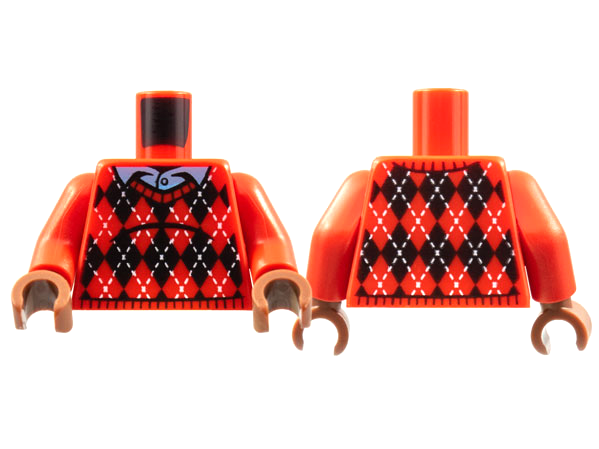 Torso Knit Argyle Sweater, Medium Blue Shirt Collar, Black Diamonds and White Stitching Pattern / Red Arms / Reddish Brown Hands