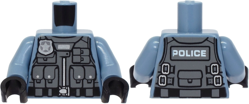 Torso Police with Silver Badge, Black Belt, Gray Safety Vest with Pockets, 'POLICE' on Back Pattern / Sand Blue Arms / Black Hands