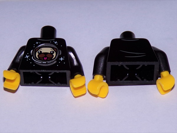 Torso Shirt with Pug Dog Head in Astronaut Space Helmet, Dots and Stars Pattern (BAM) / Black Arms / Yellow Hands