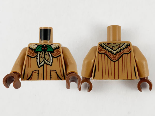 Torso Female Robe with Green Holly Brooch, Reddish Brown Filigree and Wrinkles, Black Pockets, Tan Shawl Pointed on Back Pattern / Medium Nougat Arms / Reddish Brown Hands