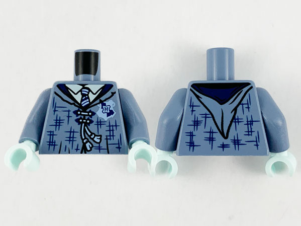 Torso Female Tattered Robe, Hogwarts Patch, Dark Blue Lapels and Tie Pattern / Sand Blue Arms / Light Aqua Hands