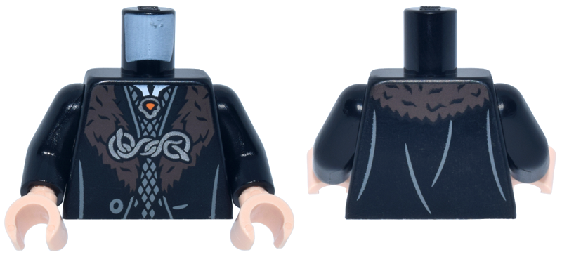 Torso Robe Open with Button, Dark Brown Fur Collar, and Entwined Snakes Clasp, Silver Brooch Pattern / Black Arms / Light Nougat Hands