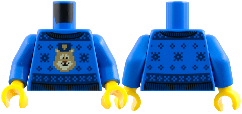 Torso Knit Fair Isle Holiday Sweater with Teddy Bear, Dark Blue Snowflakes and Black Collar Pattern / Blue Arms / Yellow Hands