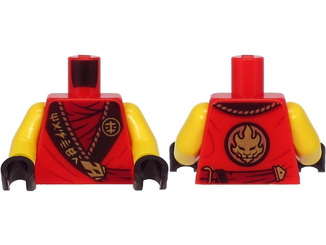 Torso Ninjago Robe, Dark Red Shirt, Wide Black Hems with Gold Characters and Dragon Pattern / Yellow Arms / Black Hands