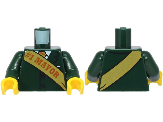 Torso Suit Jacket with Tie and White Shirt and Gold Sash with Dark Orange '#1 MAYOR' Pattern / Dark Green Arms / Yellow Hands