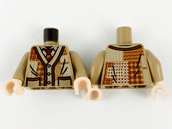 Torso Patchwork Cardigan, Dark Red, Dark Orange, and Tan Stitching, Dark Red and Dark Orange Tie Pattern / Dark Tan Arms / Light Nougat Hands