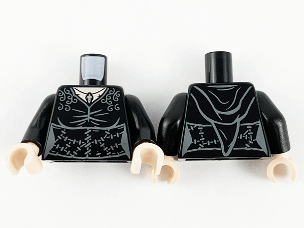 Torso Female Robe with Hood, Light Nougat Neck, Silver Pendant, Dark Bluish Gray Filigree and Stitches Pattern / Black Arms / Light Nougat Hands