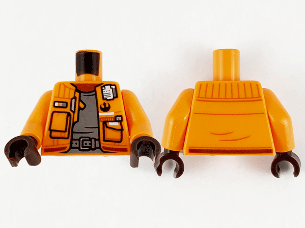 Torso Jacket with Pockets and Black SW Rebel Alliance Symbol, Reddish Brown Neck, Dark Bluish Gray Shirt and Belt Pattern / Orange Arms / Dark Brown Hands