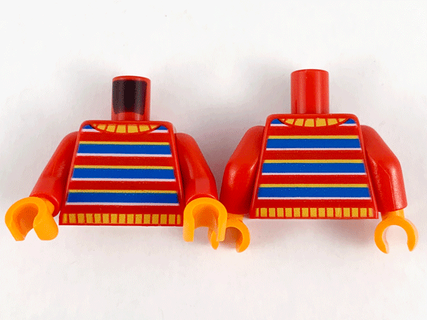 Torso Sweater, Bright Light Orange Collar, Yellow, Blue and White Stripes Pattern / Red Arms / Orange Hands