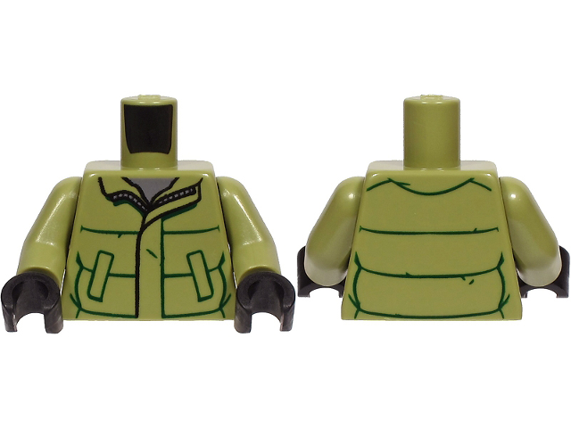 Torso Winter Jacket with Dark Green Lines, Pockets and Zipper over Dark Bluish Gray Shirt Pattern / Olive Green Arms / Black Hands