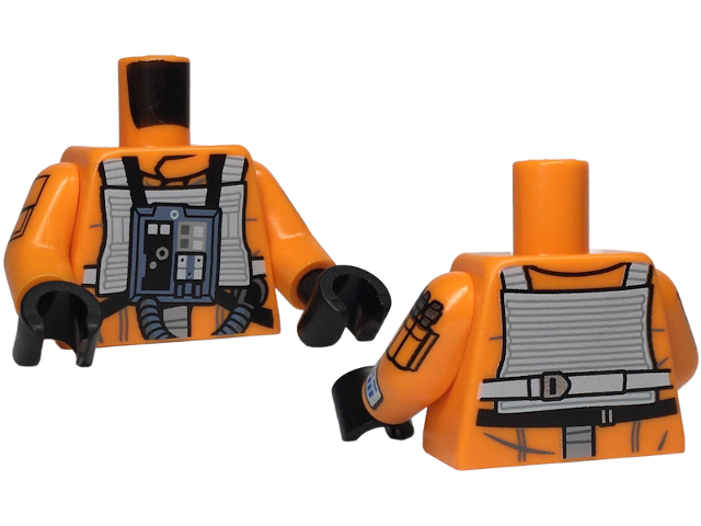 Torso SW Rebel Pilot with Angled Front Panel, Black and White Belts with Buckles on Back Pattern / Orange Arms with Pockets, 3 Bullets, Panel with Red and Blue Buttons Pattern / Black Hands