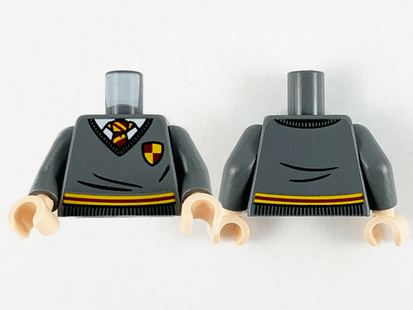 Torso Harry Potter Sweater and Tie, Gryffindor Stripe and Shield Pattern / Dark Bluish Gray Arms / Light Nougat Hands