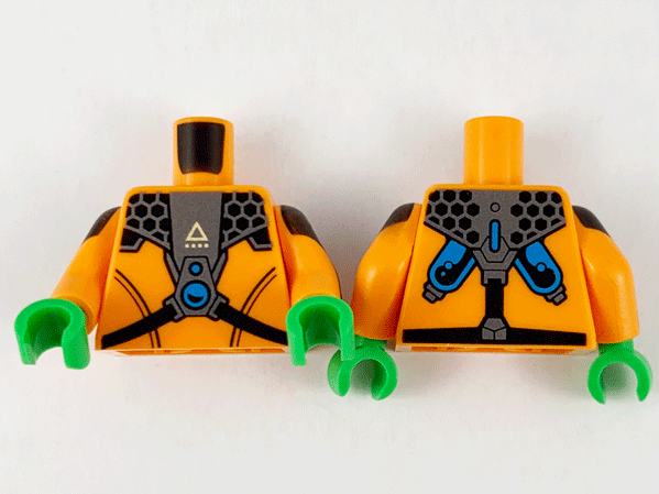 Torso Jumpsuit with Pearl Dark Gray Armor Gear Pattern / Orange Arms with Black Short Sleeve, Stripes and Pearl Dark Gray Insignia Pattern / Bright Green Hands