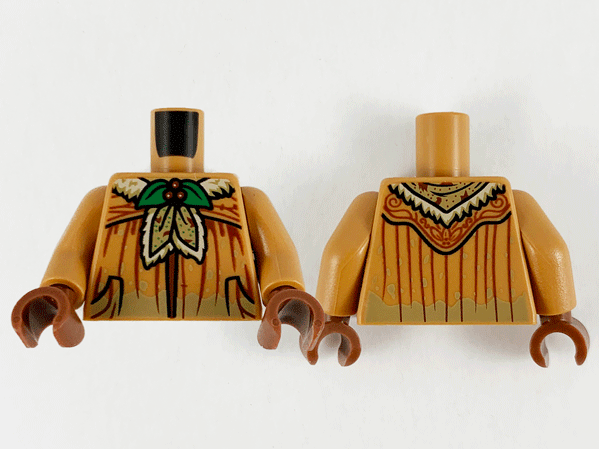 Torso Female Robe with Dark Tan Mud, Green Holly Brooch, Reddish Brown Filigree and Wrinkles, Black Pockets, Tan Shawl Pointed on Back Pattern / Medium Nougat Arms / Reddish Brown Hands