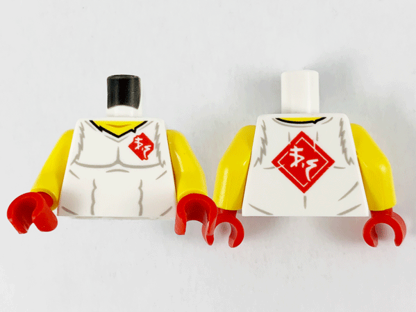 Torso Shirt with Muscles Outline, Torn Collar, Yellow Neck, and Red Diamond with Ninjago Logogram 'VS' Pattern / Yellow Arms / Red Hands