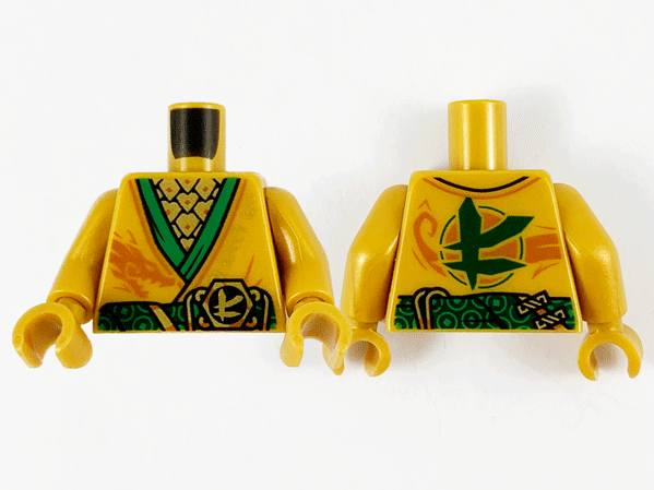 Torso Tunic with Green Hems and Sash, Gold Scale Armor, Dark Orange Dragon and Gold Ninjago Logogram Letter L Pattern / Pearl Gold Arms / Pearl Gold Hands