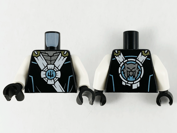 Torso Tunic with White Hems, Silver Neck and Ninjago Logogram 'Ice' in Metallic Light Blue Circle Pattern / White Arms / Black Hands